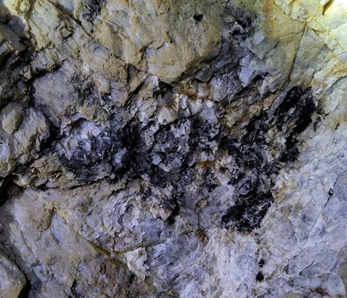 쌍전광산 갱내에서 미네랄라이트로 관찰되는 회중석과 육안으로 식별가능한 흑중석
